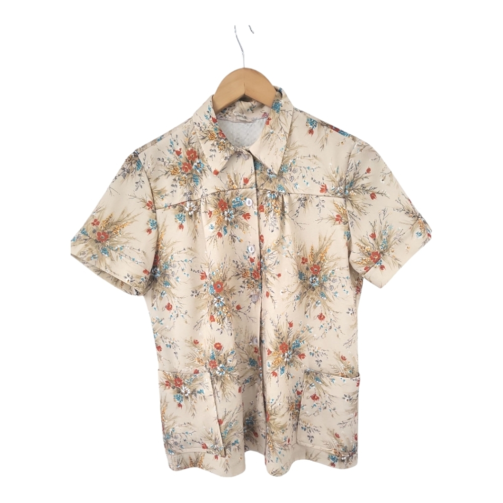 Vintage 70's Shirley Retro Wildflower Button Front Smock Top M/L 38 - Picture 8 of 8